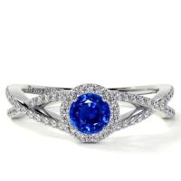 Round Blue Sapphire Halo Ring with Intertwined Band (1.08cttw). Shop Now!
