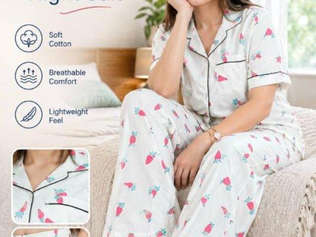 Baby Pink Printed Cotton Night Suit Set for Women Online