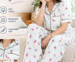 Baby Pink Printed Cotton Night Suit Set for Women Online